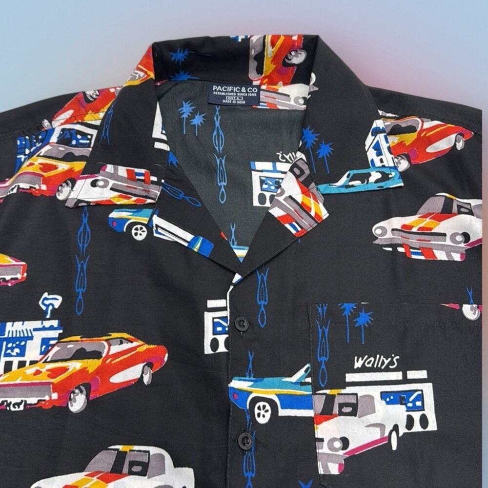 PACIFIC & CO Men’s Large Black Cars Hawaiian Shirt WALLYS